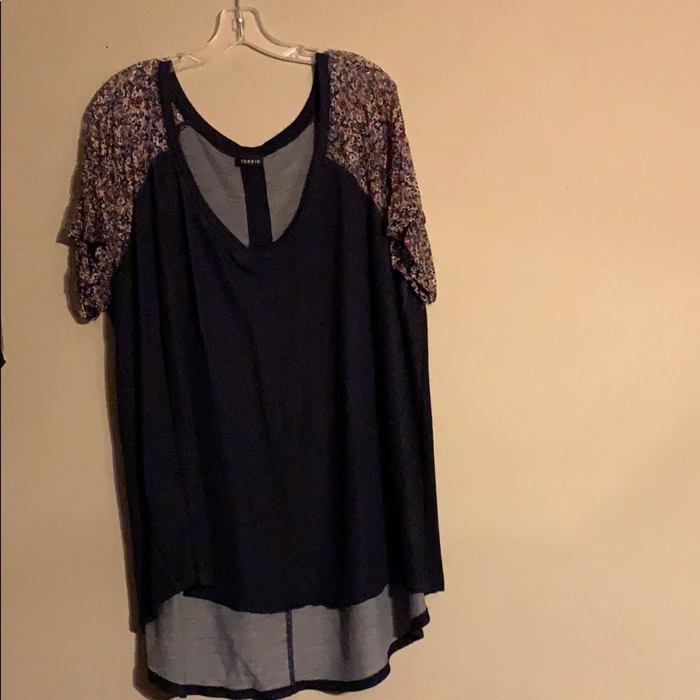 Navy blouse with sheer floral sleeves